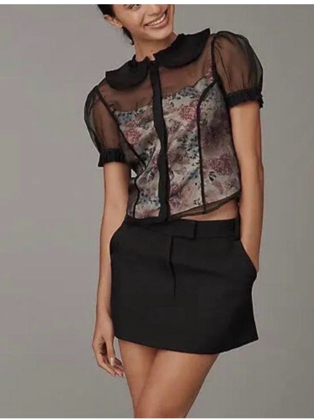 NWT Anthropologie Maeve Sheer Floral Statement Puff Sleeve Top Black Size XS